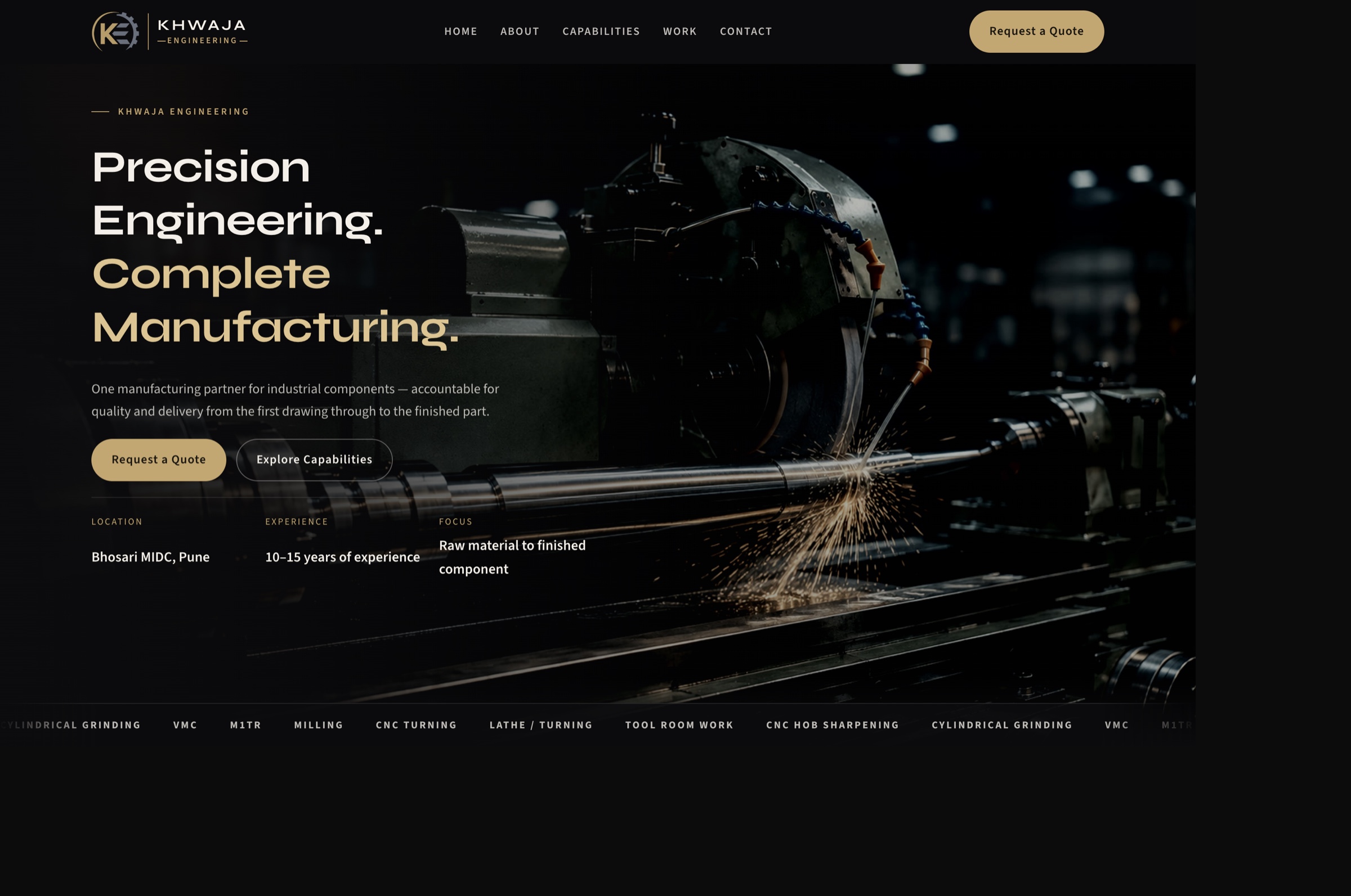 Khwaja Engineering website hero — Precision Engineering. Complete Manufacturing.