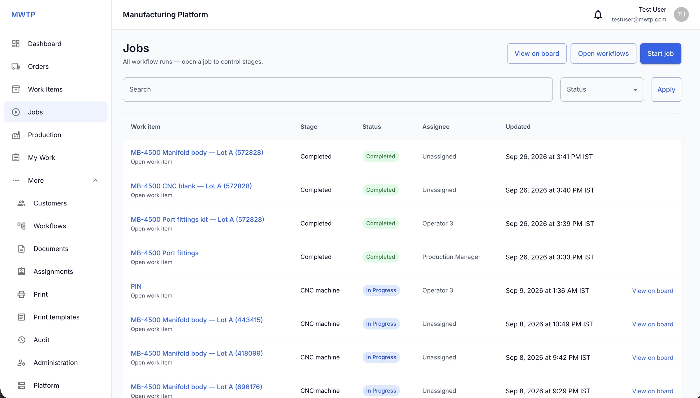 MWTP Jobs list — workflow runs with stage, status, and assignee